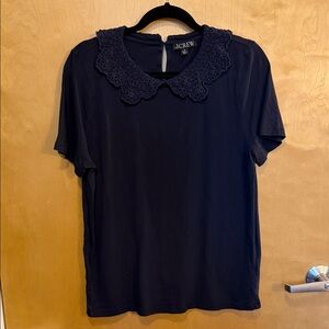J. Crew Navy Short Sleeve Top with Lace Eyelet Collar Medium